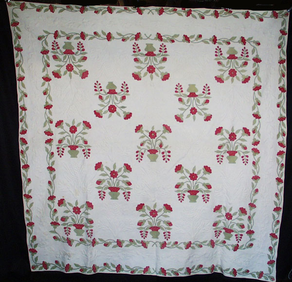 ANTIQUE QUILT 1850's APPLIQUE ROSES IN URN QUILTED WHITEWORK TRAPUNTO